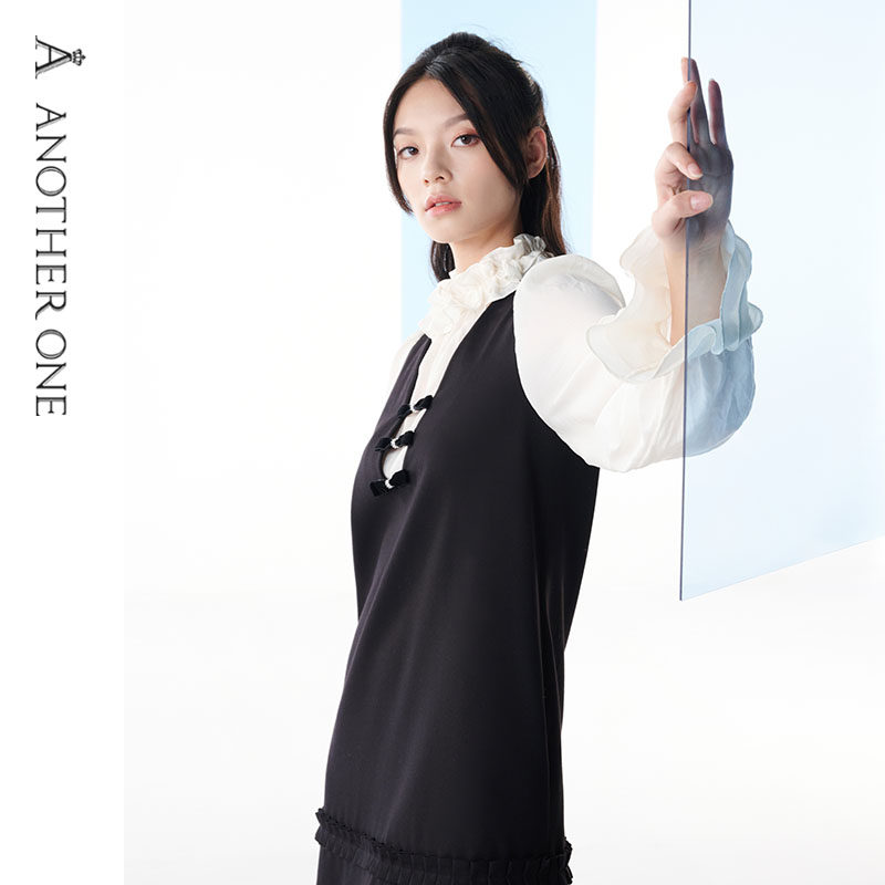 another one2022年秋冬新款法式复古甜美蝴蝶结荷叶边连衣裙