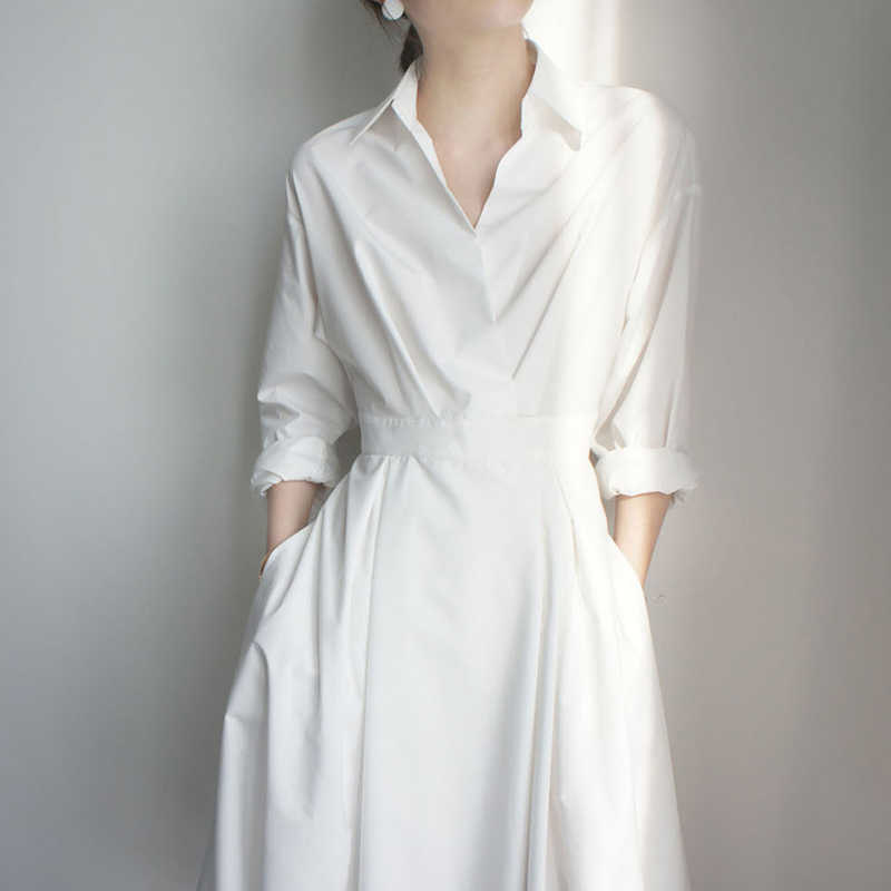 法式白色衬衫连衣裙2021新款夏收腰显设计小众连衣裙