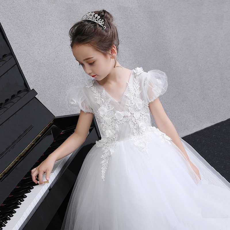 儿童女童钢琴表演礼服裙洋气白色公主裙小伴娘婚礼中大蓬蓬纱生日