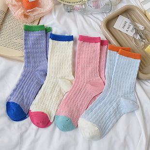 多巴胺拼色袜子女中筒袜网眼镂空薄款夏季透气纯棉长筒彩色堆堆袜