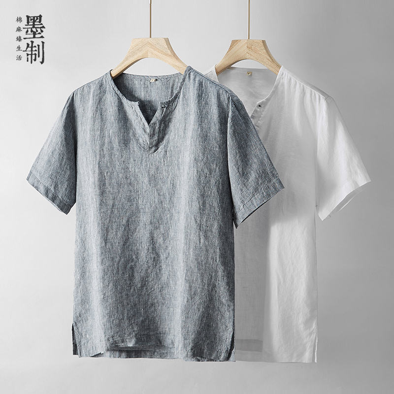 中国风冰丝亚麻短袖T恤男宽松大码 棉麻体恤衫纯麻料半袖夏季薄款