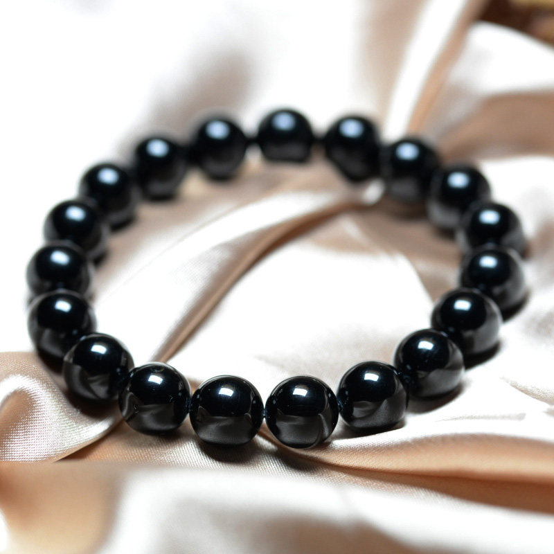 天然黑碧玺手链单圈男女款纯黑碧玺手串招财旺夫石素珠饰品水晶
