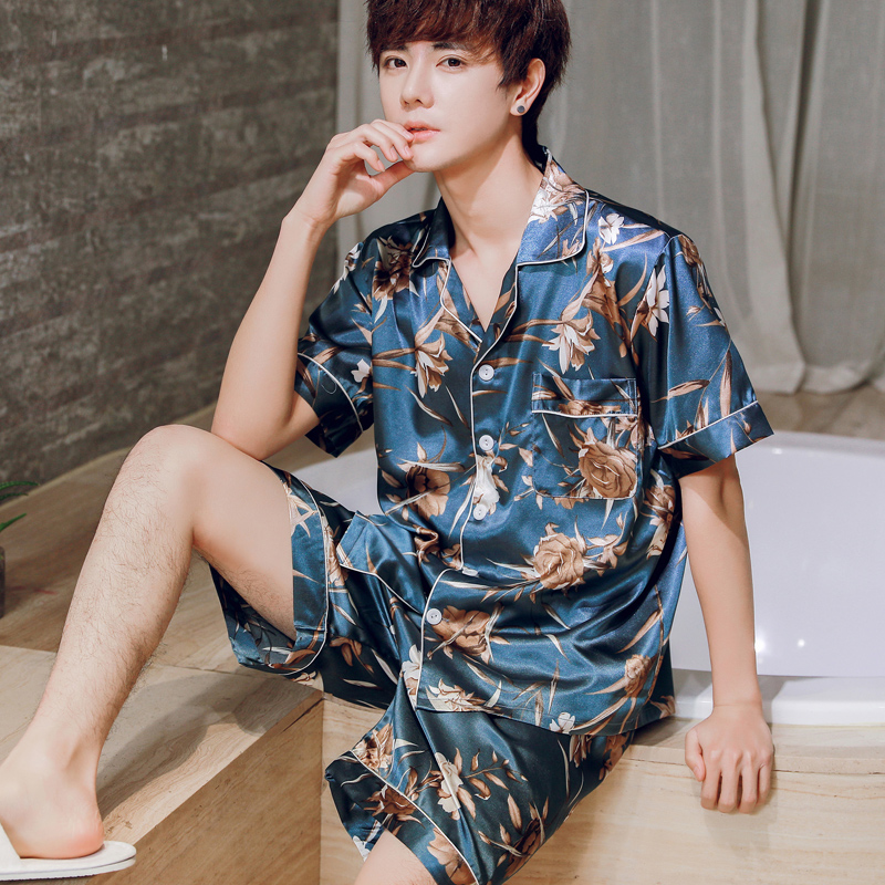 睡衣男夏季短袖开衫薄款冰丝套装男士休闲青年丝绸韩版大码家居服