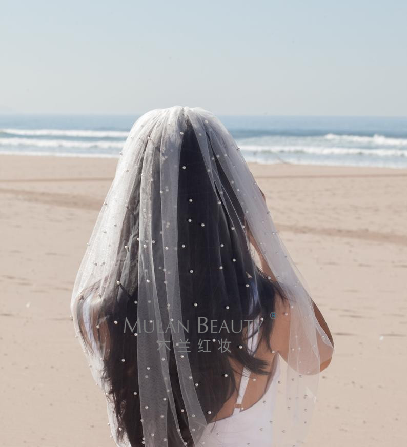 新款森系单层海边拍照旅拍新娘结婚珍珠头纱网红拍照头饰包邮