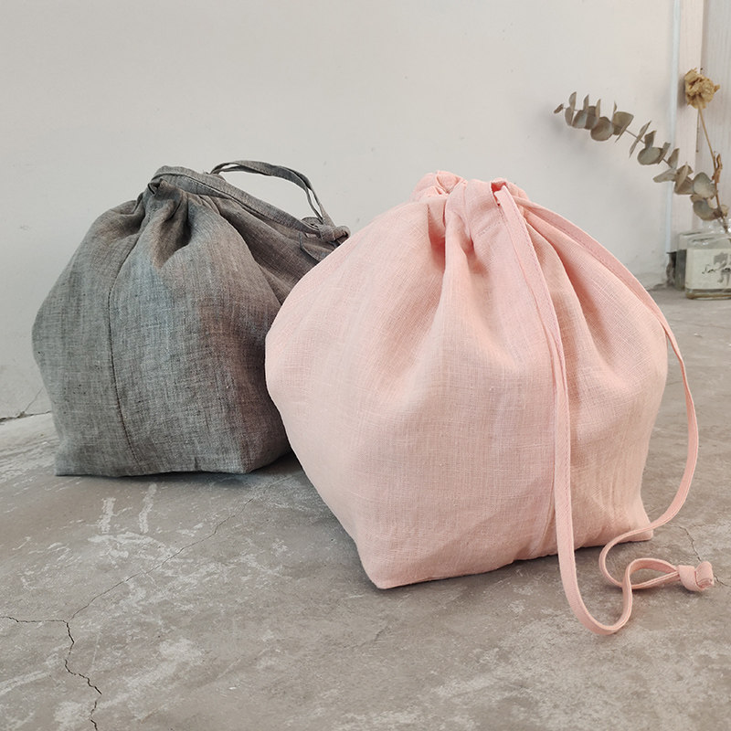荷包 大容量简易亚麻抽绳小圆包 筋骨纯亚麻双层布袋 旅行手拎包
