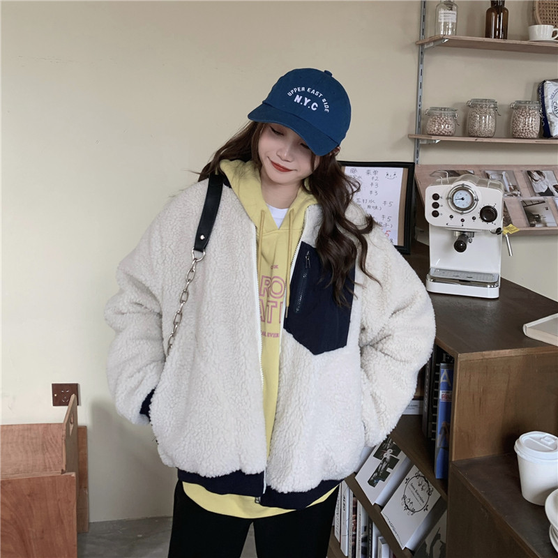 实拍实价！秋冬韩版学生休闲百搭宽松毛绒棉服女羊羔毛外套