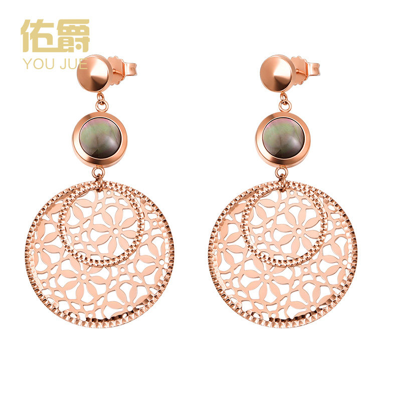佑爵18k玫瑰金耳饰 精致大圆圈耳环au750彩金镶嵌贝母耳坠女