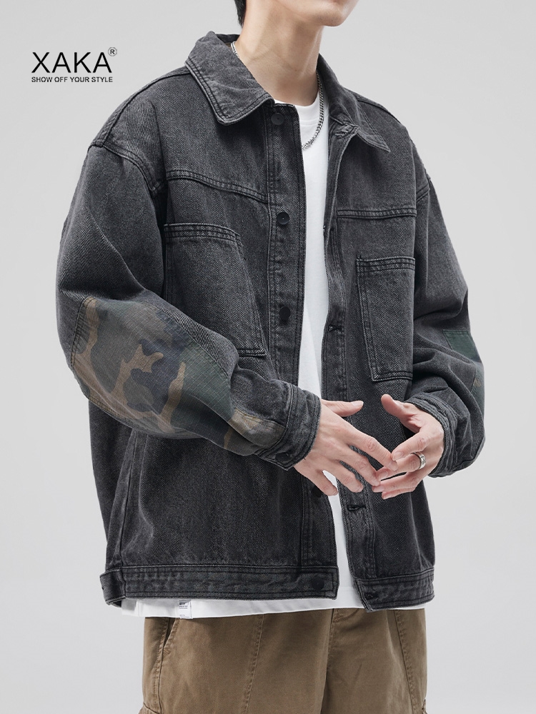 xaka秋季拼接休闲夹克男美式复古休闲上衣翻领休闲工装牛仔外套潮