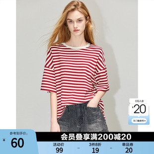 红色条纹短袖t恤女2024夏季新款气质上衣宽松休闲大版棉体恤衫