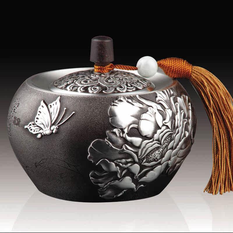 廖达锡器 纯锡茶具 纯锡茶叶罐 ch1055荣华富贵磨沙锡罐 茶叶保鲜_不