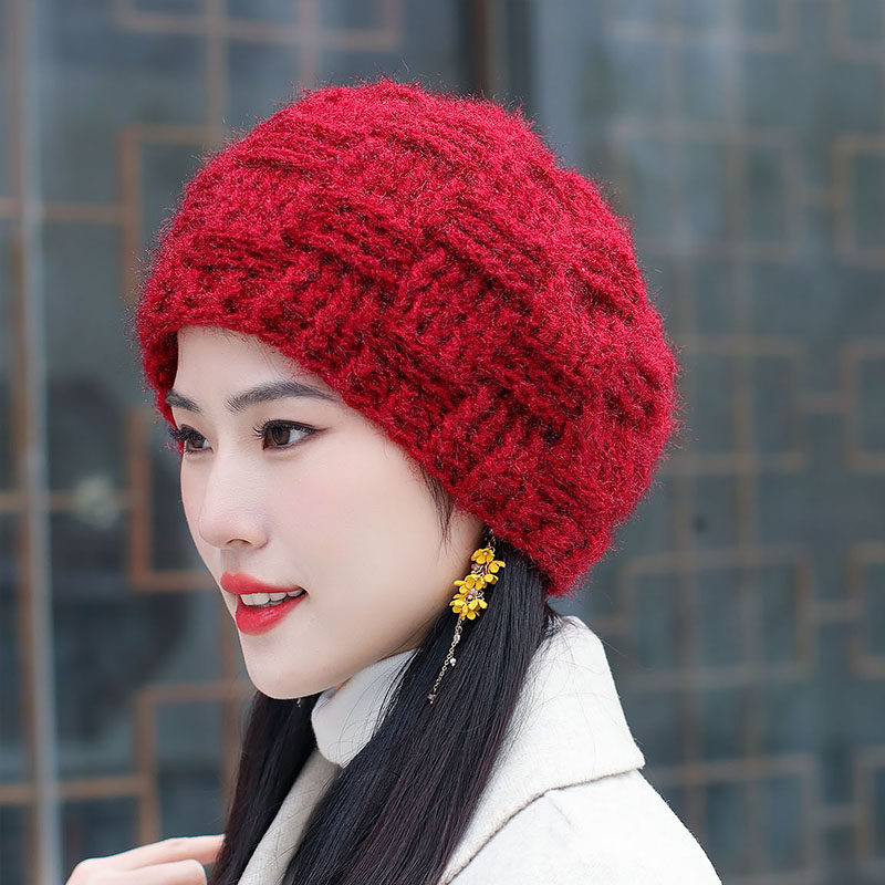 2021年新款帽子秋冬针织帽手工妈妈贝雷帽毛线帽松鼠绒钩花钩线帽