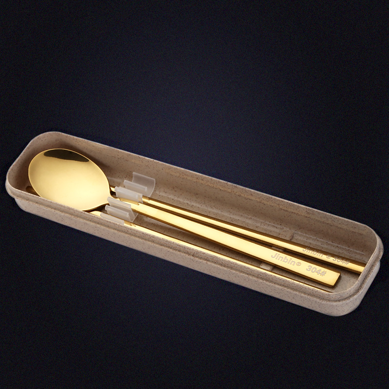 钛金实心勺子筷子盒套装韩式不锈钢便携三件套学生商务旅行餐具
