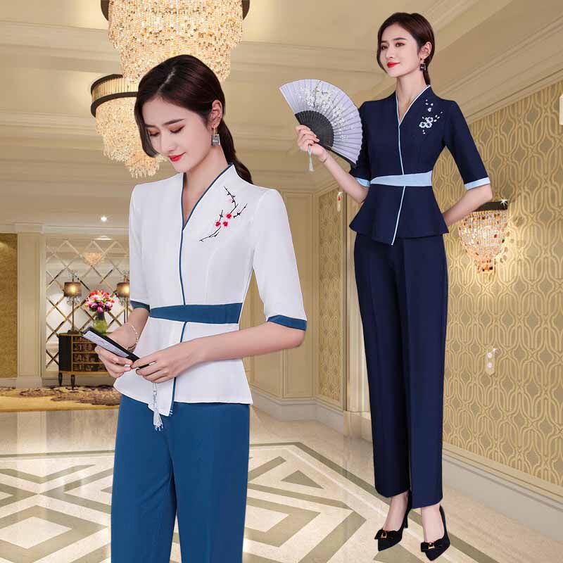按摩技师工装薄款养生工作服裤子美容服装女改良汉服足浴足疗工服