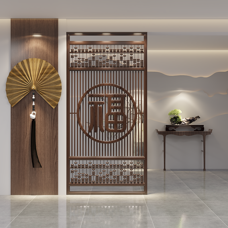 中式实木屏风隔断算盘造型镂空玄关入户遮挡客餐厅分隔企业背景墙