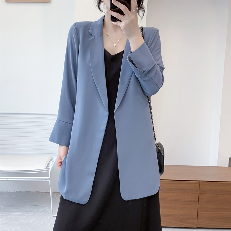 春夏季薄款小西装外套女2021新款韩版休闲垂感雪纺中长款西服上衣