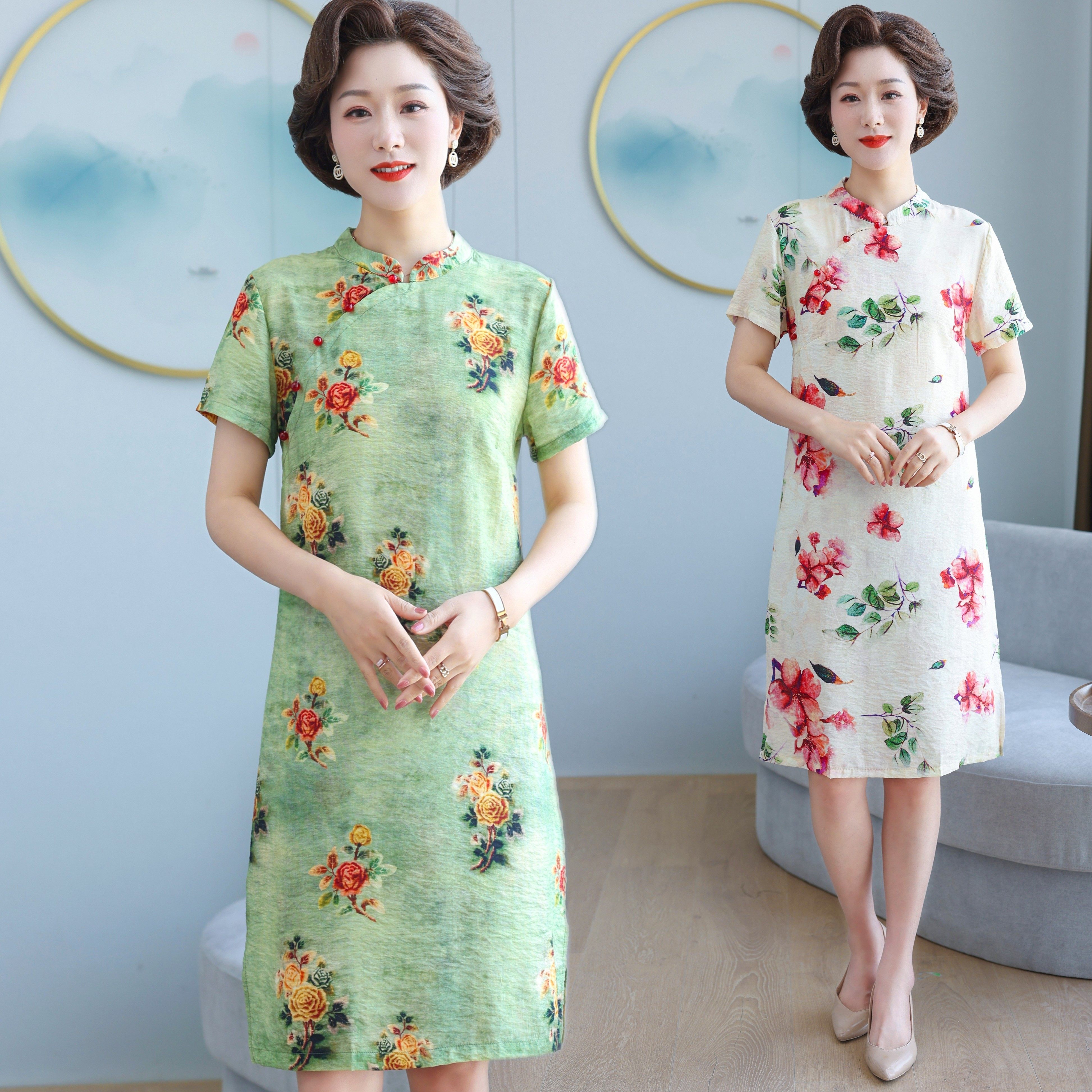 小个子妈妈连衣裙夏季中老年夏装裙子纯棉中年棉麻裙50岁夏天穿的