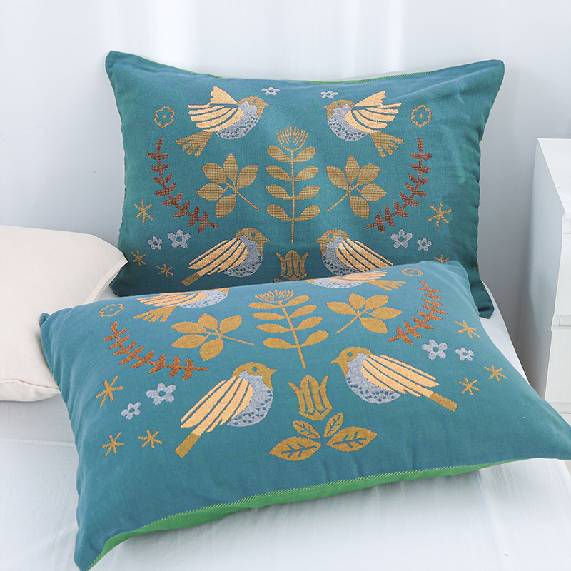 中式春鸟纯棉纱布枕套一对装枕头套家用卧室单人枕芯内胆套子