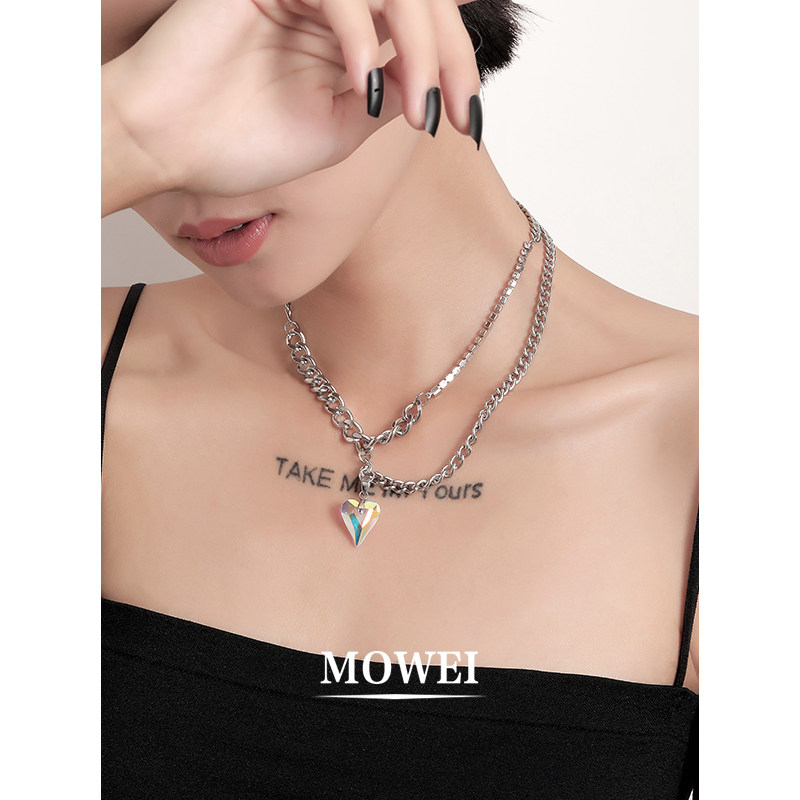 欧美嘻哈项链女ins潮酷拼接设计爱心吊坠气质高级感钛钢锁骨颈链