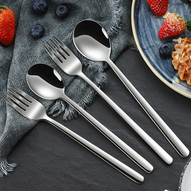 304不锈钢勺子叉子套装西餐勺小汤匙甜品叉勺匙羹水果叉加厚长柄