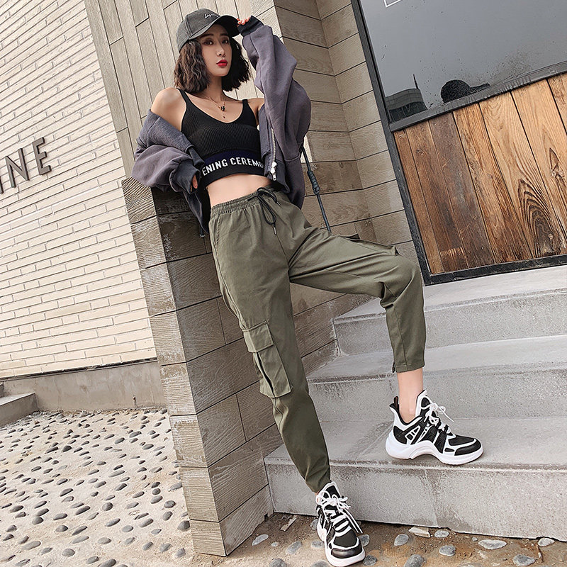 法式工装裤女春秋2019新款宽松直筒束脚bf帅气显瘦hiphop嘻哈裤子