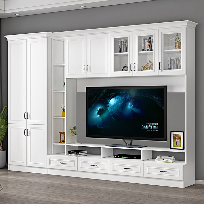 客厅整面背景墙电视柜一体组合墙柜书柜满墙定制整体书架储物柜子