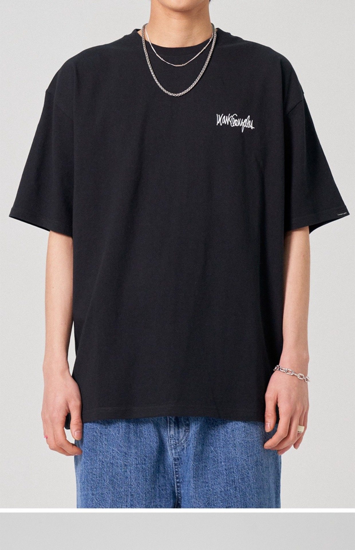 韩潮小飞人whatitisn短袖t恤圆领经典logo款纯棉情侣款夏短袖