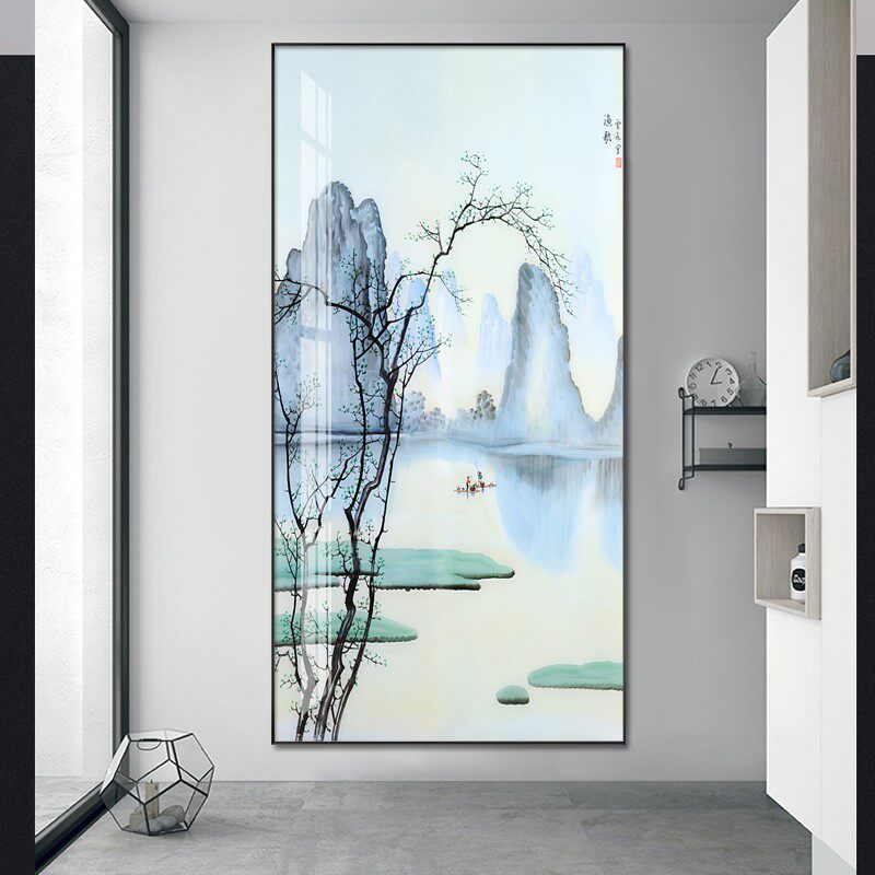 大气玄关装饰画入户门挂画新中式壁画竖版过道墙画走廊尽头山水画