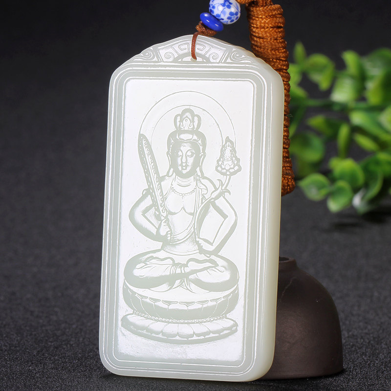 海派玉雕大师【崔哲豪】作品和田玉白玉文殊菩萨挂件96.594克带绳