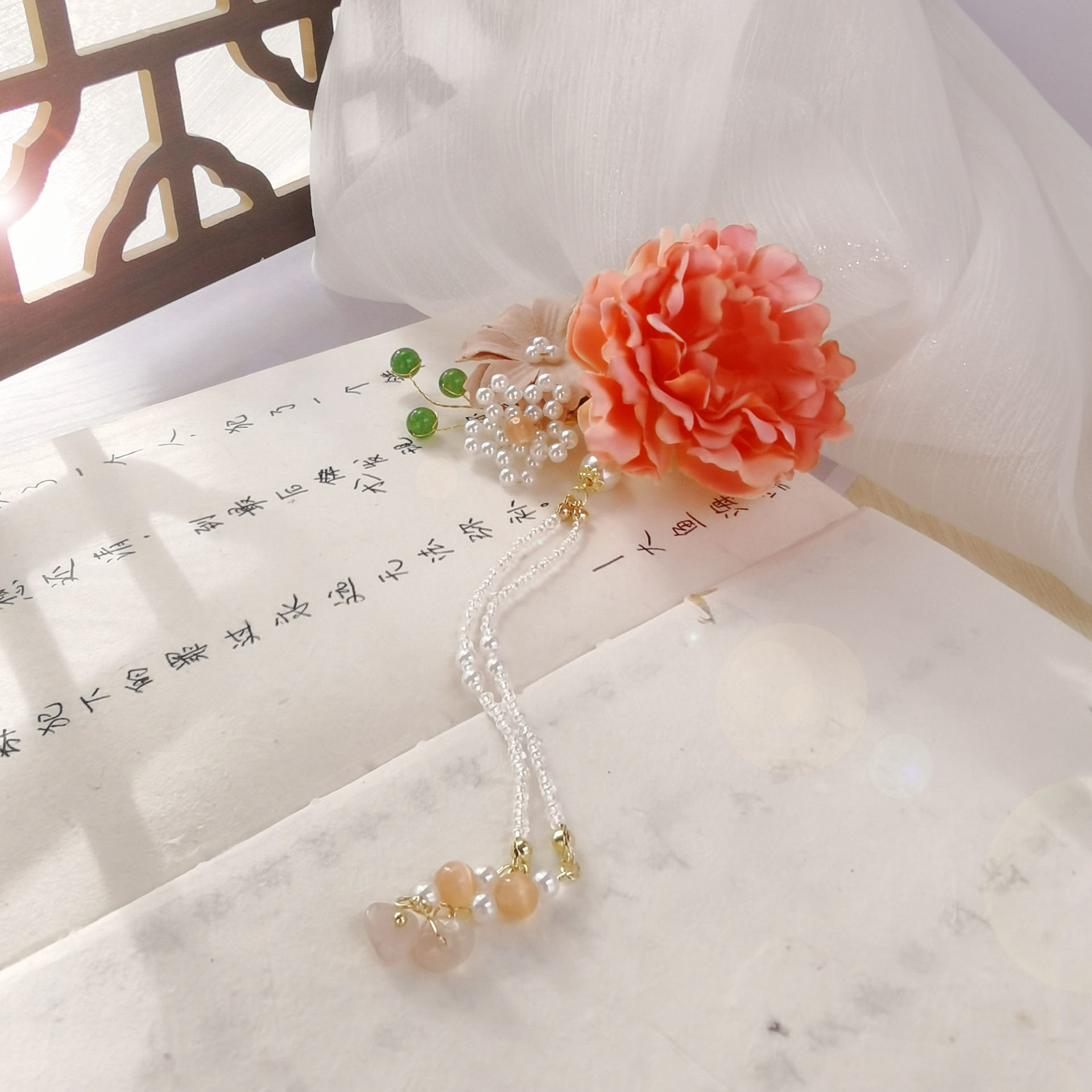 宋制汉服发饰牡丹绢花现货 长流苏边夹珍珠古装配饰仙气少女古风