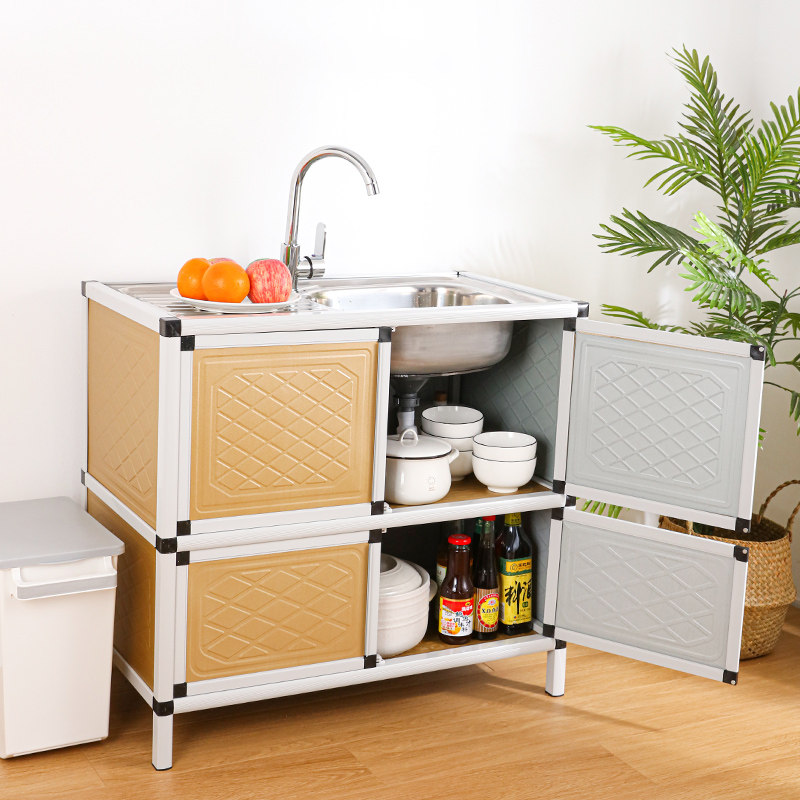 不锈钢简易水槽单双槽厨房洗菜盆洗碗盆带铝合金储物收纳柜一体柜