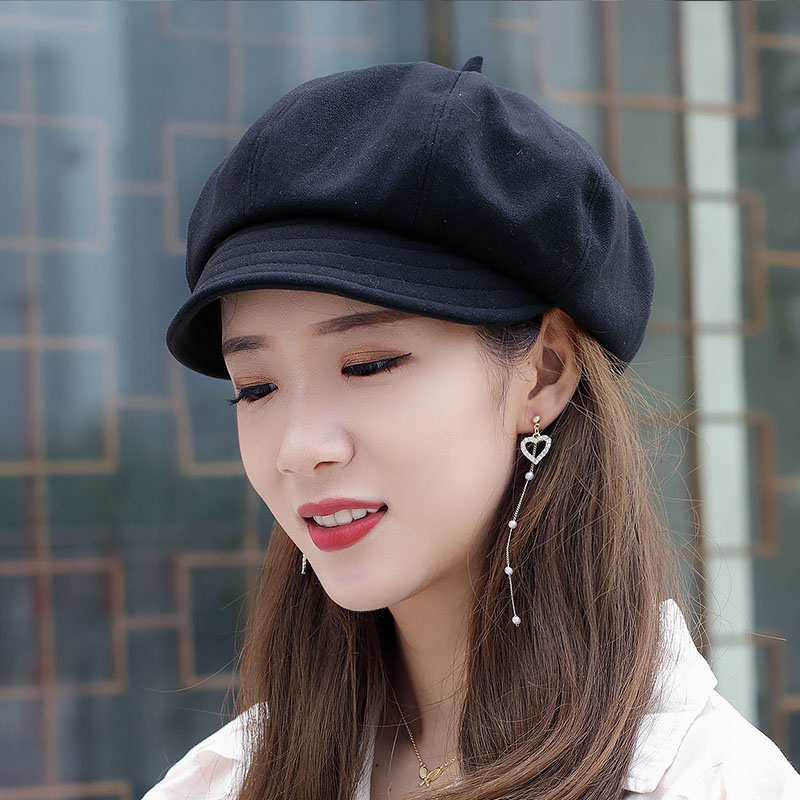 女士春秋天帽子英伦百搭暗纹鸭舌帽时尚黑色软沿八角帽圆脸显气质