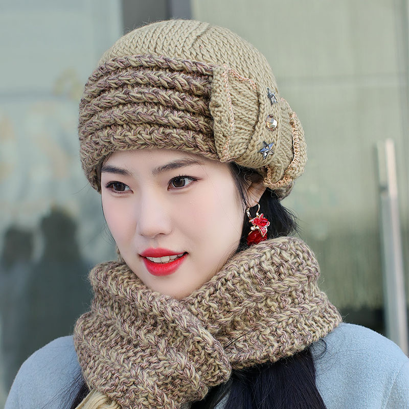 加绒保暖羊毛帽子围巾两件套时尚中老年女士手工针织帽洋气显年轻