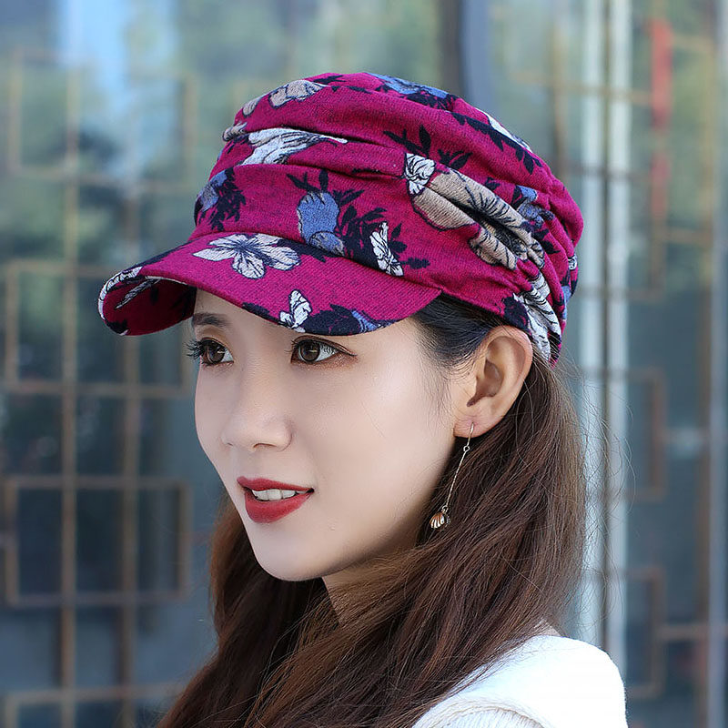 女士秋季帽子韩版时尚民族风碎花平顶帽显气质鸭舌帽柔软透气新款