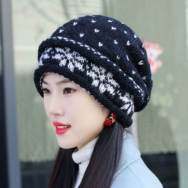 女士冬季保暖针织帽子时尚雪花针织帽骑车防风加绒护耳卷边包头帽