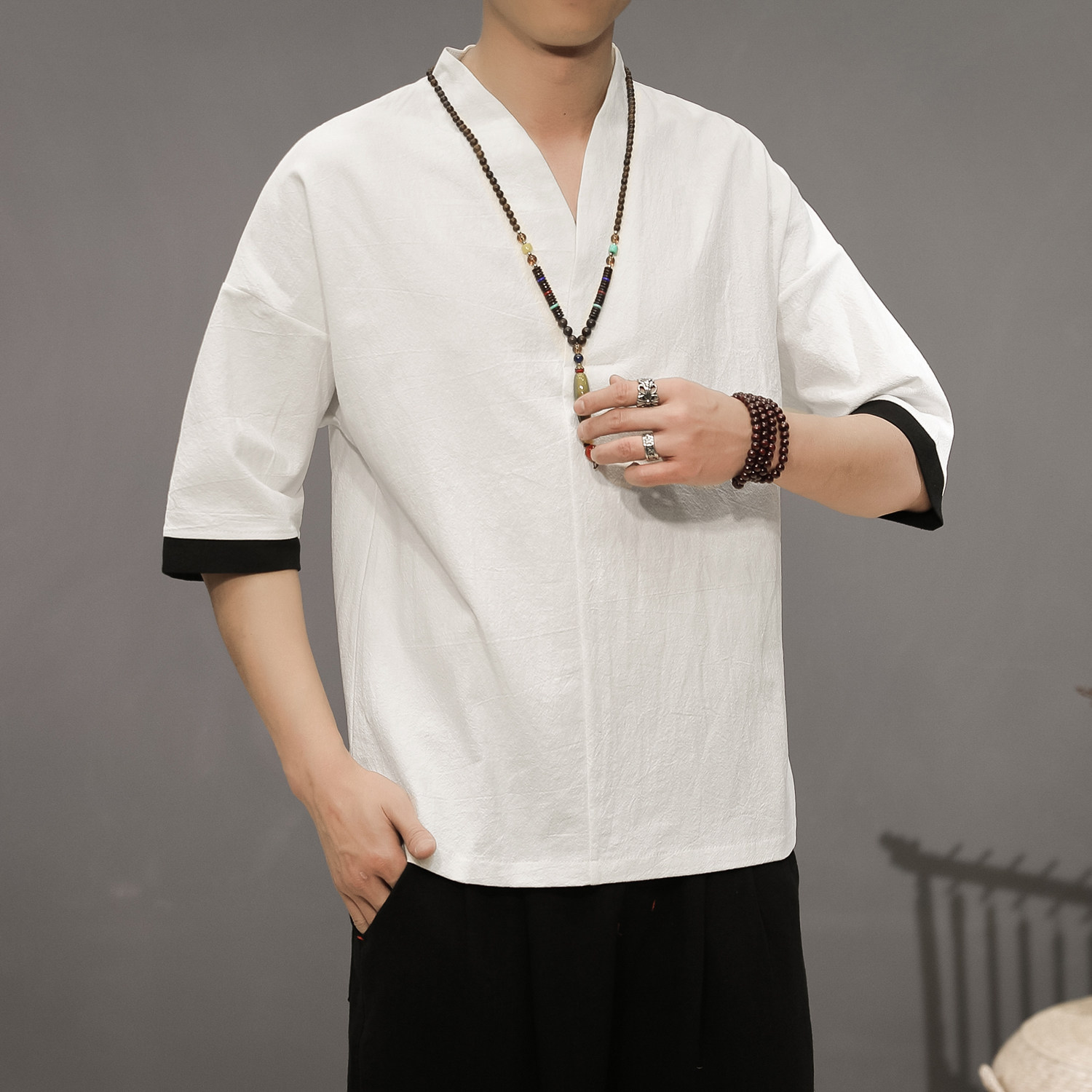 春夏长衫男民国复古印染汉服唐装宽松古风大褂男立领中国风长袍男