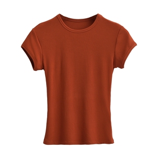 正肩短袖T恤2024夏季新款针织螺纹圆领体恤红色紧身显瘦百搭上衣