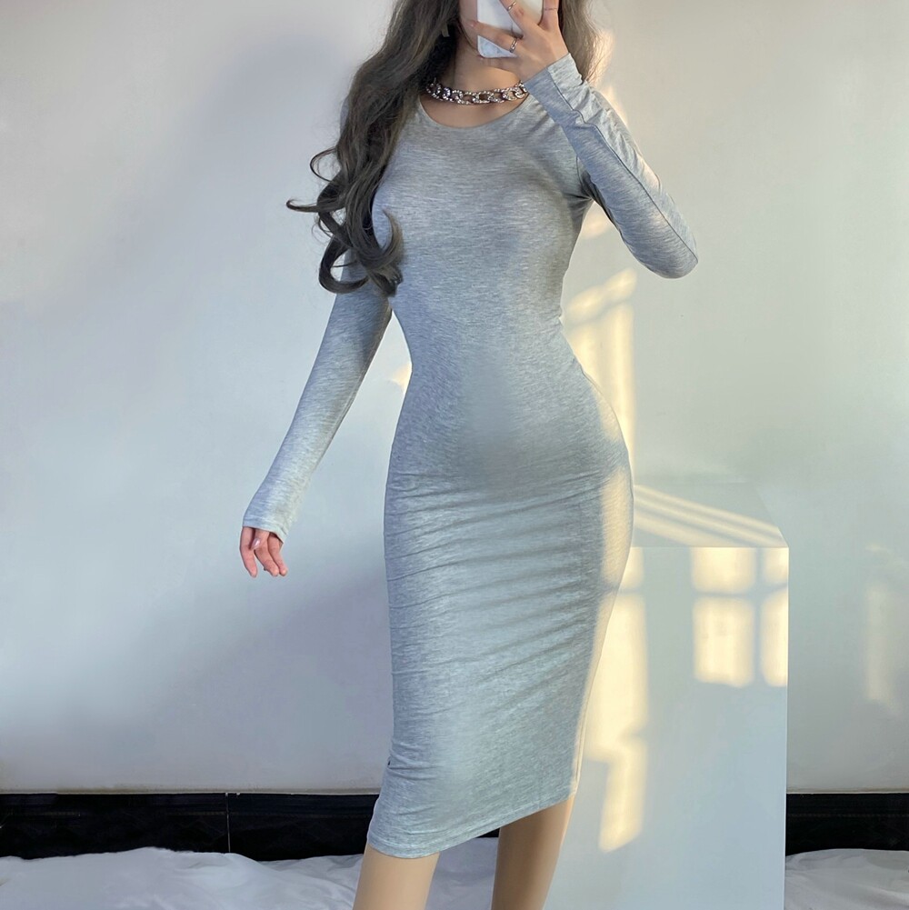 flashing 2021春季紧身连衣裙女性感包臀气质欧美莫代尔修身长裙