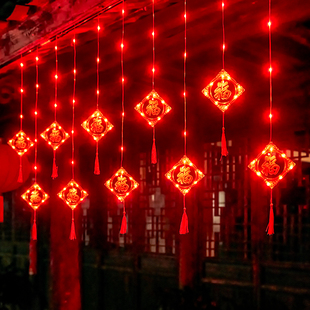 2024新年led小彩灯闪灯串灯春节布置大红灯笼家用过年福字窗帘灯