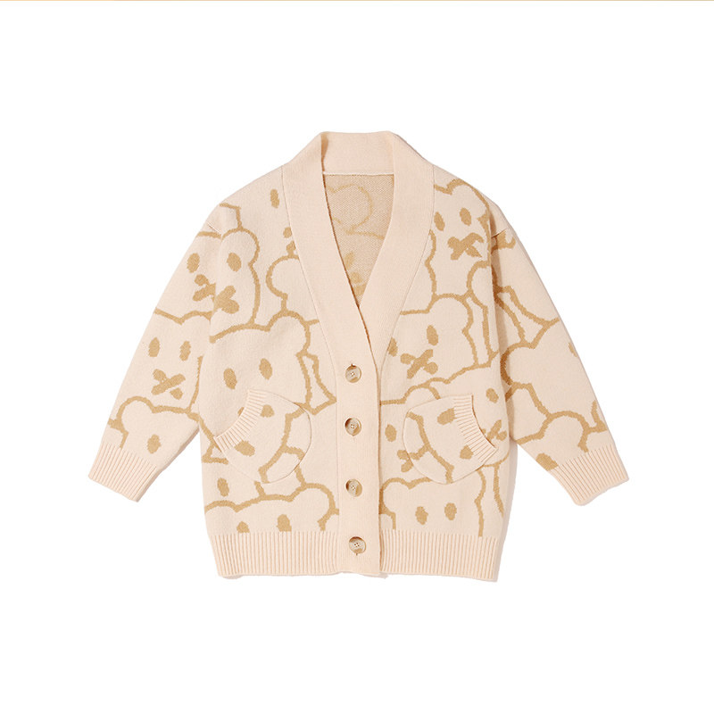 freamve满印小熊口袋开衫毛衣 宽松长袖针织衫外套可爱卡通情侣装