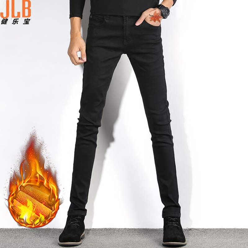 加絨男士牛仔褲男修身小腳彈力黑色不粘毛加厚棉褲子男裝潮流秋鼕