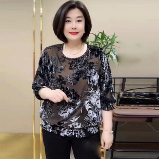 中老年妈妈桑蚕丝真丝植绒烧花上衣宽松洋气加大码200斤减龄小衫