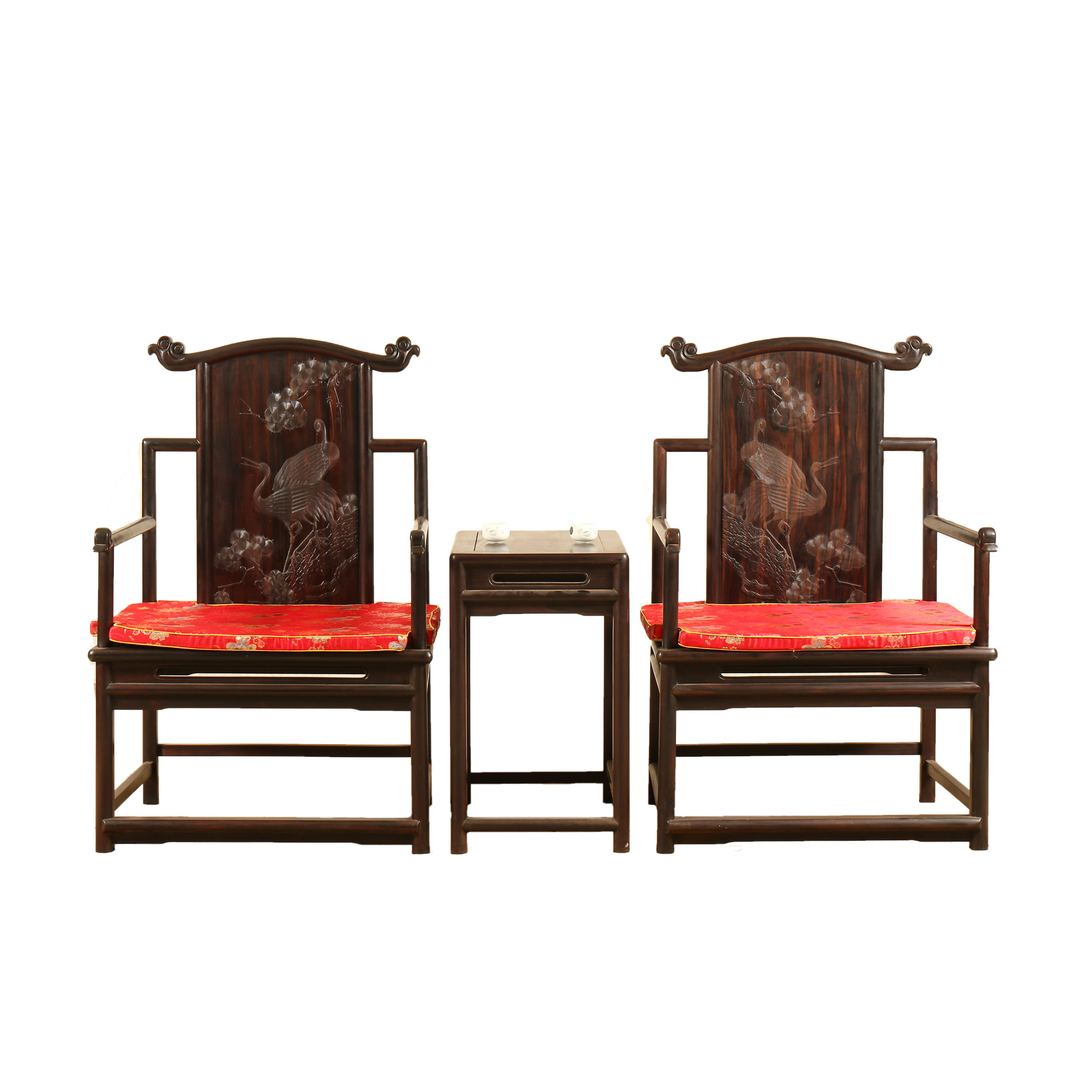 【即拍即得】大叶紫檀檀雕松鹤延年太师椅三件套 高端好货