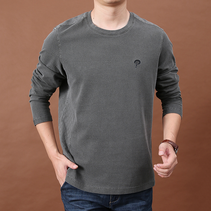 纯棉圆领长袖t恤男士春季大码宽松上衣休闲打底衫纯色简约体恤潮