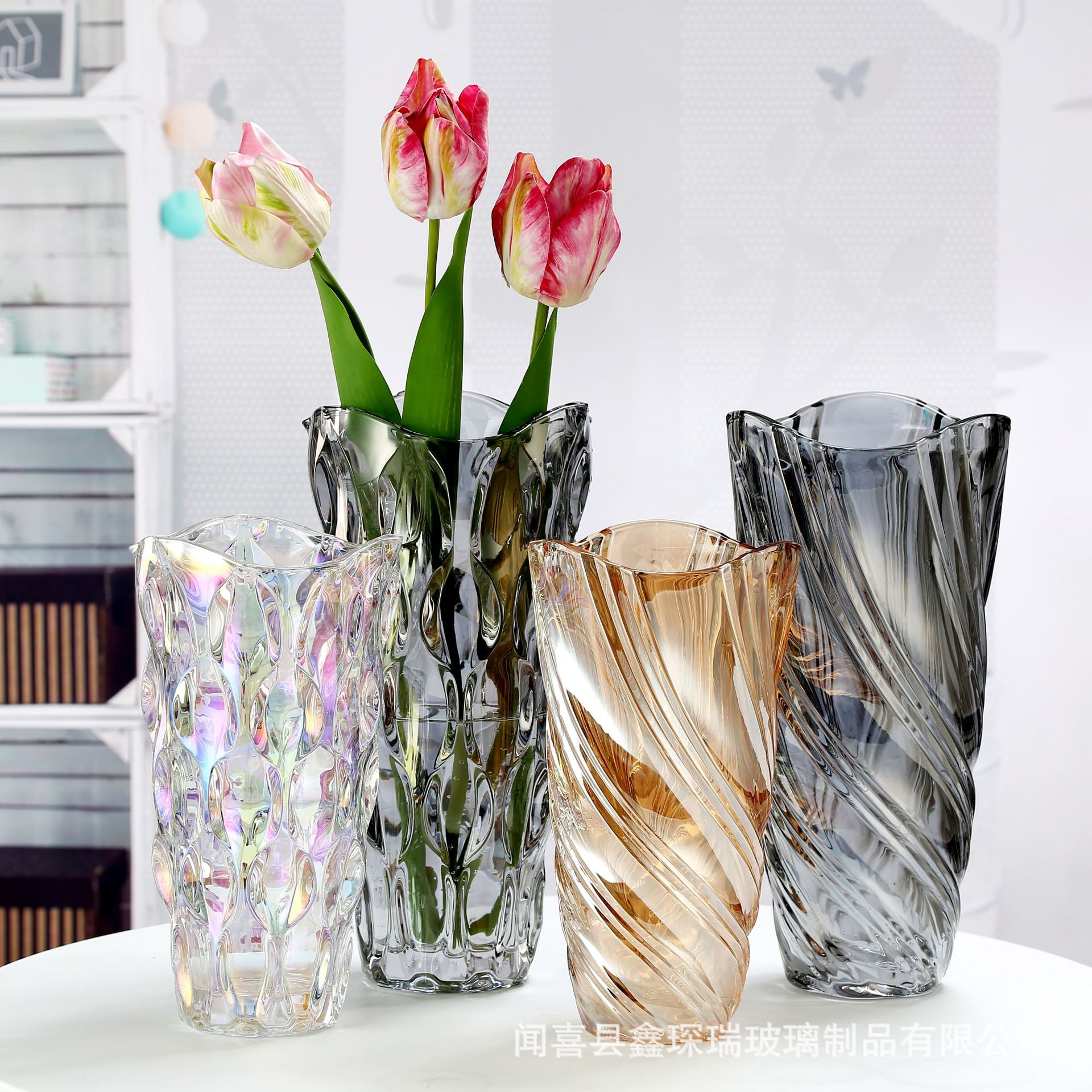 简约电镀彩色北欧玻璃花瓶透明花器客厅插花水培摆件家居软装饰品