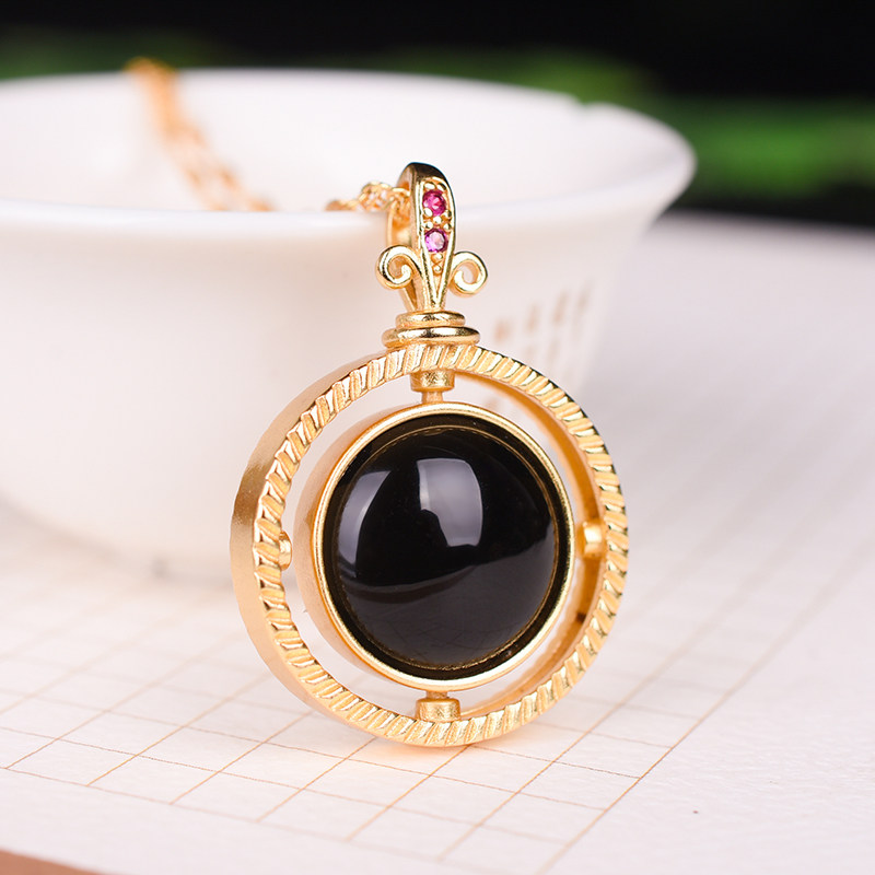 2020新款吊坠圆形黑玉髓  925彩银镶嵌圆边  时尚简约  女款