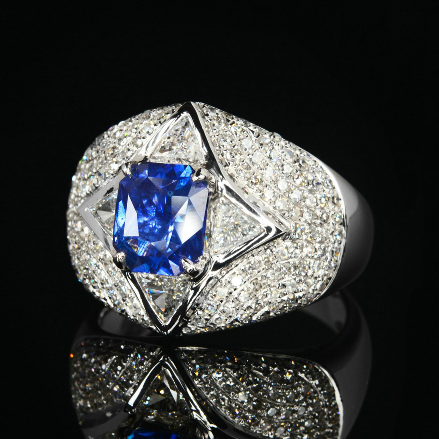 1.61ct 18k金天然蓝宝石戒指 豪镶钻石 7167