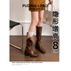 牛皮版~粗跟内增高西部堆堆靴女2024新款秋冬小个子高筒骑士长靴