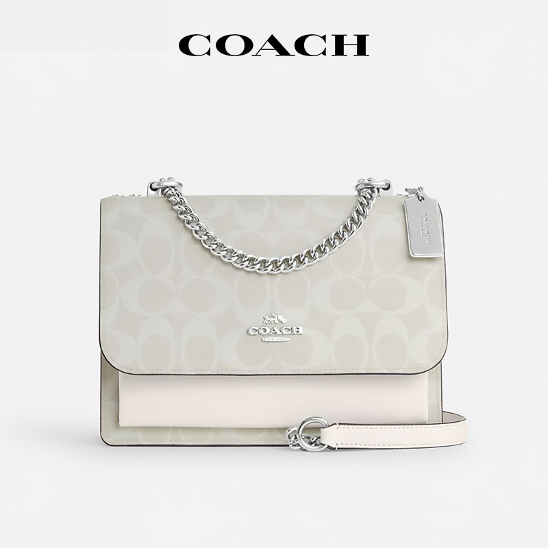 【官方授权】COACH/蔻驰Klare老花风琴女包灰白色链条单肩斜挎包