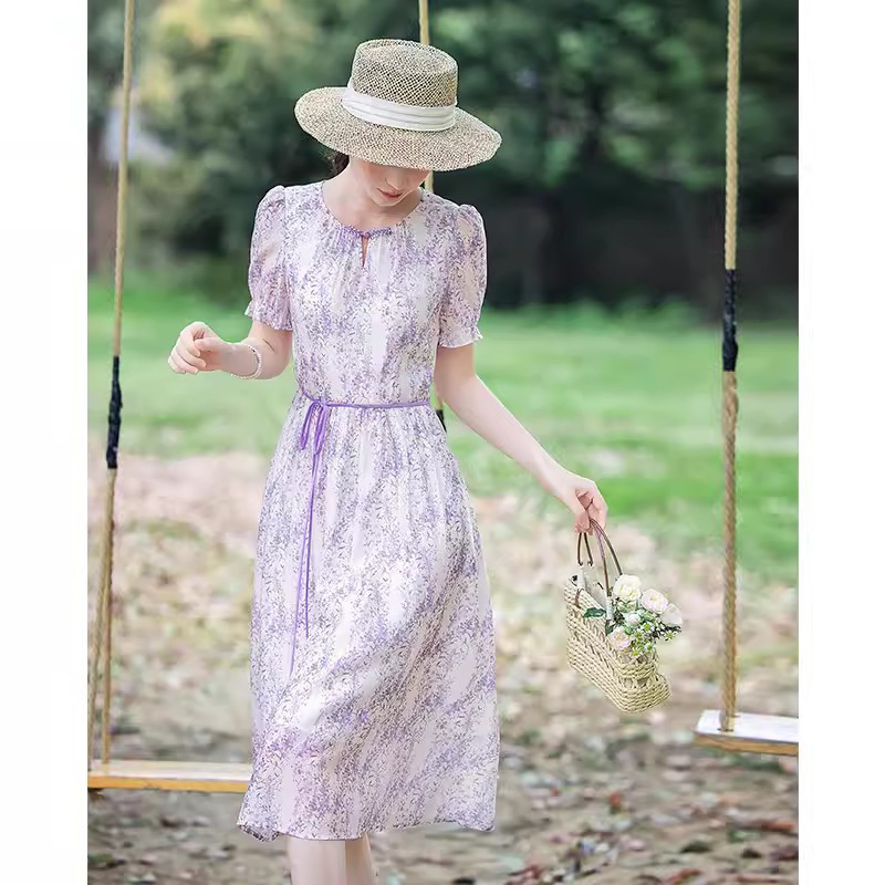 紫色碎花天丝法式短袖连衣裙女夏季2023年新款高级感气质淑女裙子