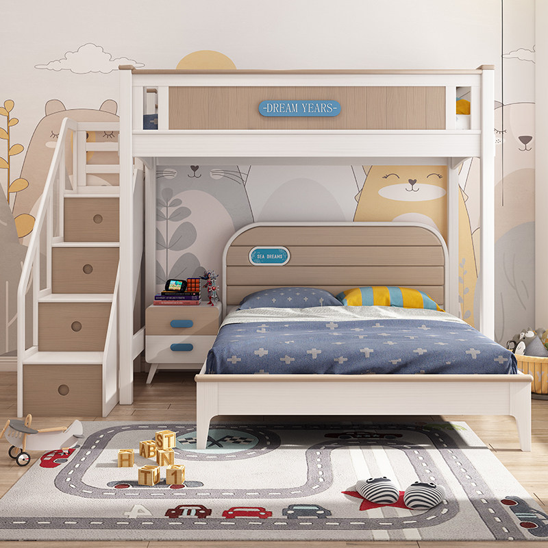 交错式高低床儿童床男孩小户型实木姐弟房间床白蜡木错位型上下床